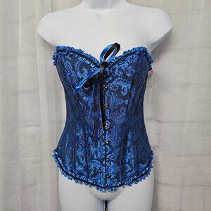 Blue Black Floral Corset Tapestry Satin Boho Goth Fairy Retro XS